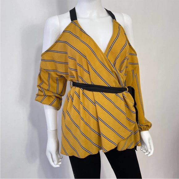 Willow & Root Tops - Willow & Root Bouse Womens Large Yellow Black Striped Cold Shoulder Belted NWT